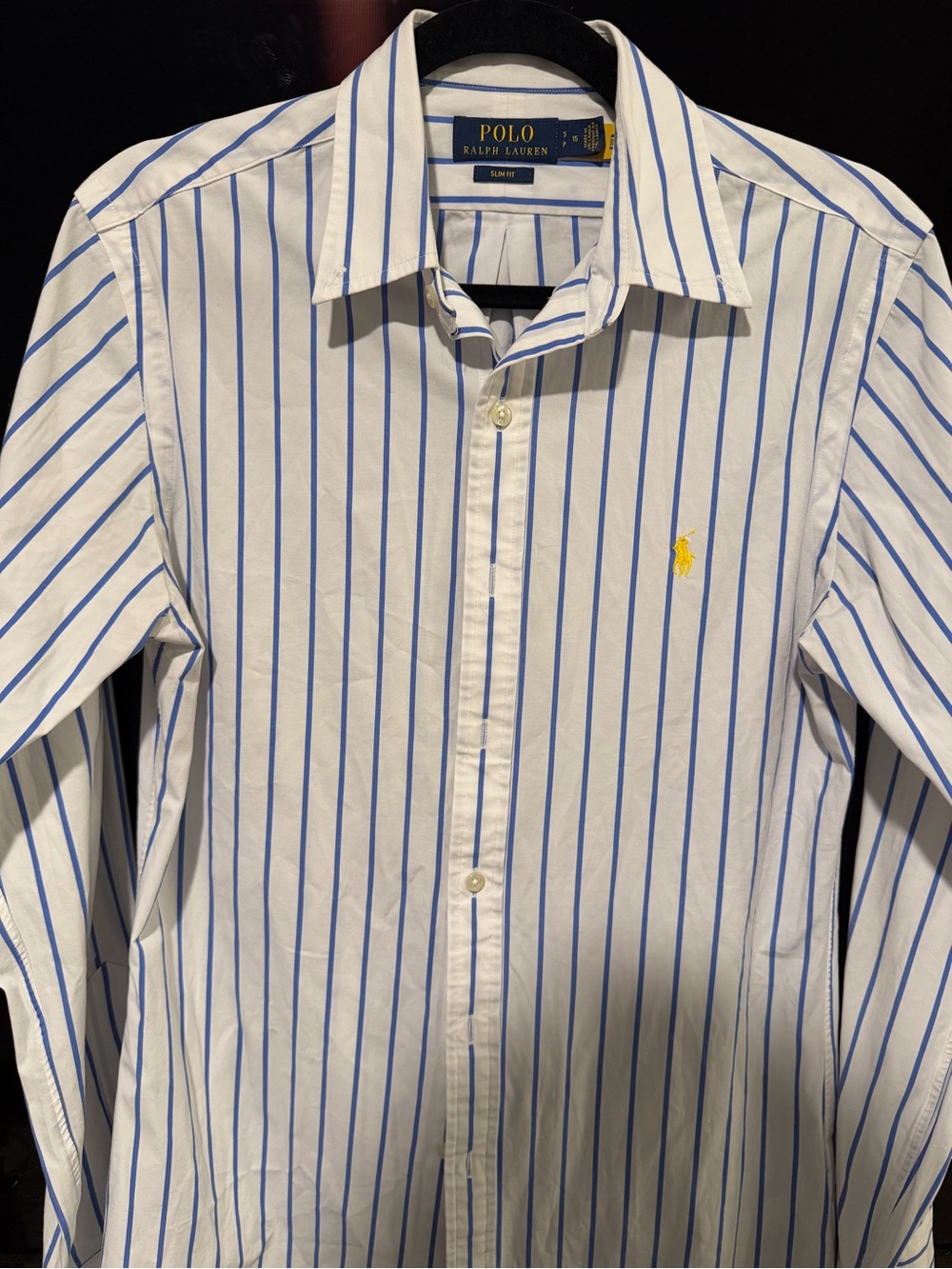 Ralph Lauren White Shirt with Blue Pinstripes and Yellow Pony
